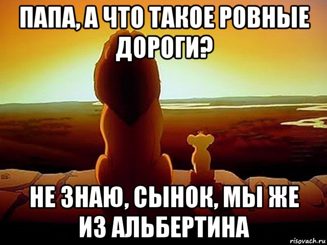 папа, а что такое ровные дороги? не знаю, сынок, мы же из альбертина, Мем  король лев