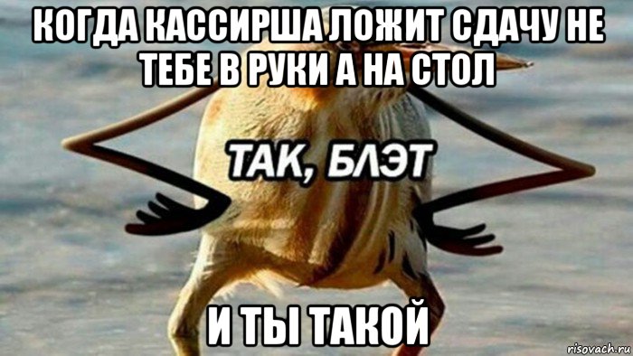 когда кассирша ложит сдачу не тебе в руки а на стол и ты такой, Мем  Так блэт