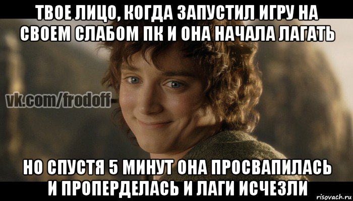 твое лицо, когда запустил игру на своем слабом пк и она начала лагать но спустя 5 минут она просвапилась и проперделась и лаги исчезли, Мем  Фродо