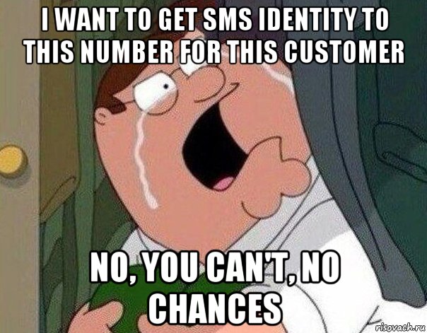 i want to get sms identity to this number for this customer no, you can't, no chances, Мем Гриффин плачет