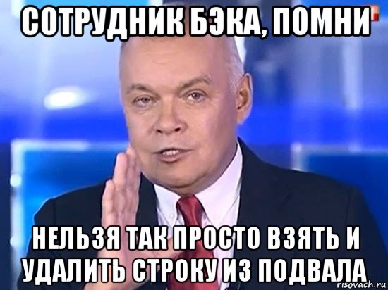 сотрудник бэка, помни нельзя так просто взять и удалить строку из подвала, Мем Киселёв 2014