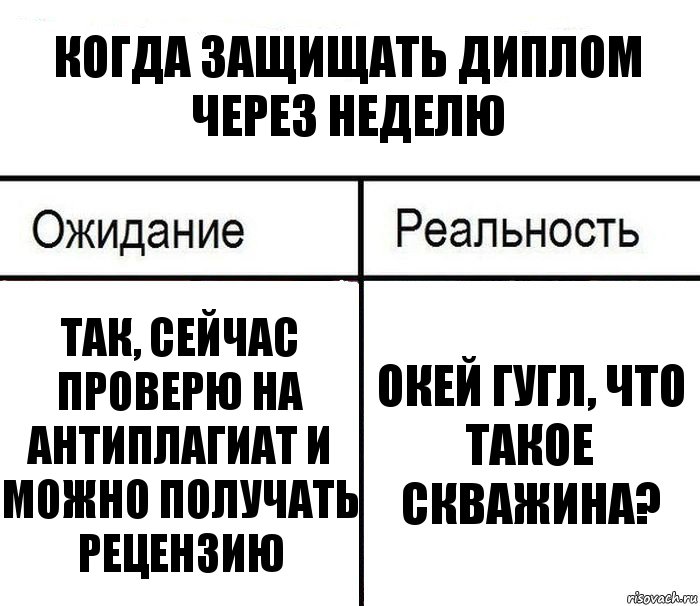 Когда защищать диплом через неделю Так, сейчас проверю на антиплагиат и можно получать рецензию Окей гугл, что такое скважина?, Комикс  Ожидание - реальность