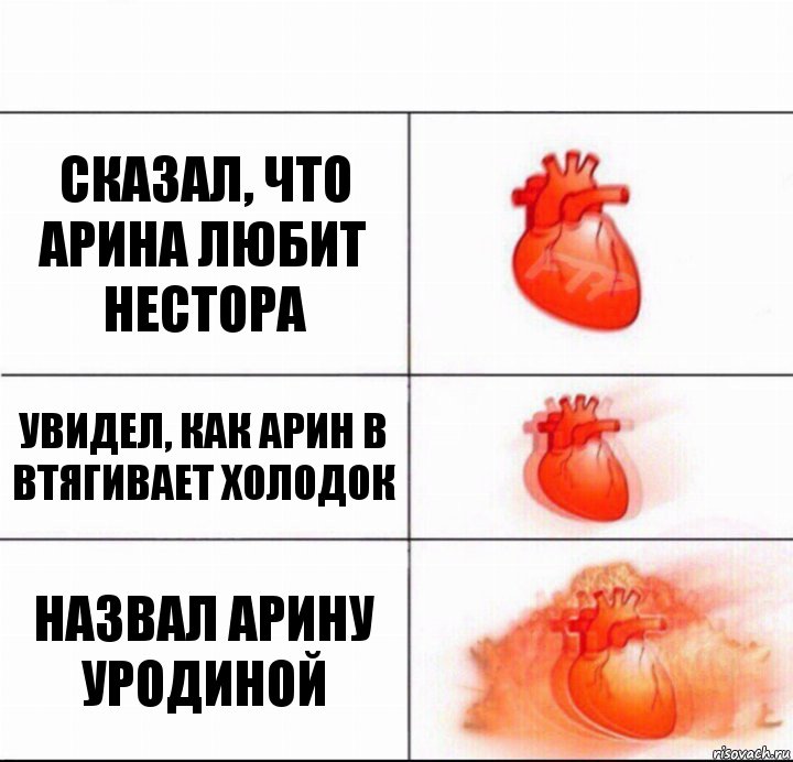 Сказал, что Арина любит Нестора Увидел, как Арин в втягивает холодок Назвал Арину уродиной, Комикс  Расширяюшее сердце