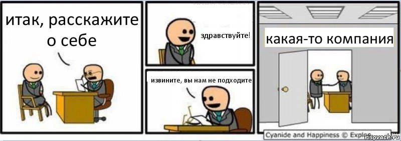 итак, расскажите о себе здравствуйте! извините, вы нам не подходите какая-то компания