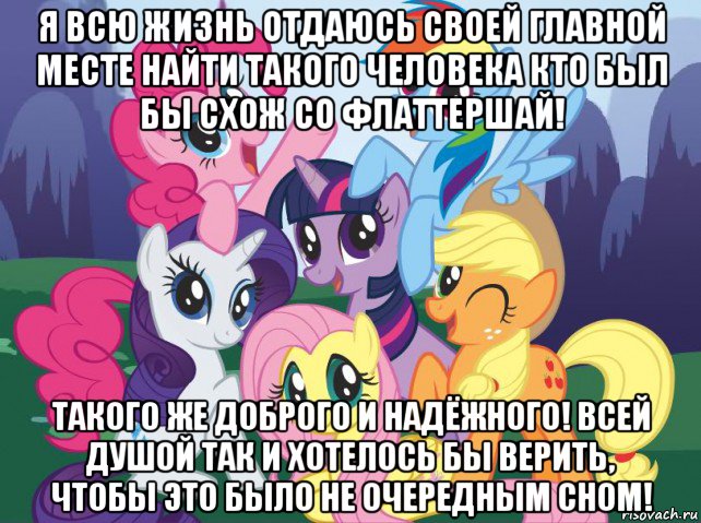 я всю жизнь отдаюсь своей главной месте найти такого человека кто был бы схож со флаттершай! такого же доброго и надёжного! всей душой так и хотелось бы верить, чтобы это было не очередным сном!, Мем My little pony