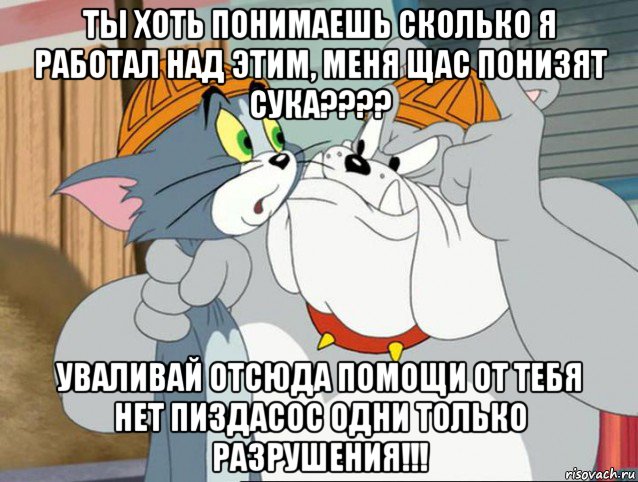 ты хоть понимаешь сколько я работал над этим, меня щас понизят сука???? уваливай отсюда помощи от тебя нет пиздасос одни только разрушения!!!, Мем том и джерри