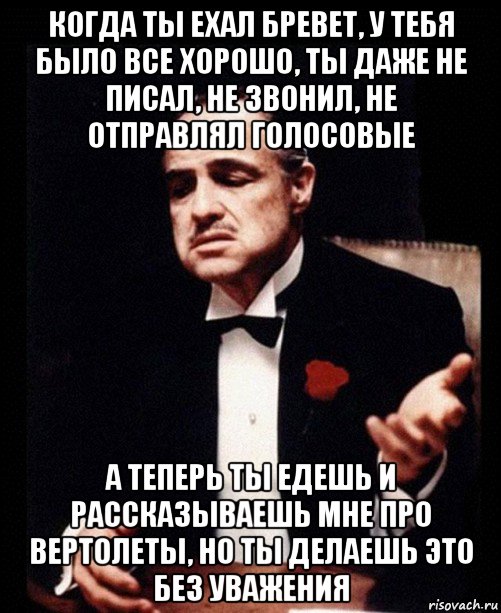 когда ты ехал бревет, у тебя было все хорошо, ты даже не писал, не звонил, не отправлял голосовые а теперь ты едешь и рассказываешь мне про вертолеты, но ты делаешь это без уважения, Мем ты делаешь это без уважения