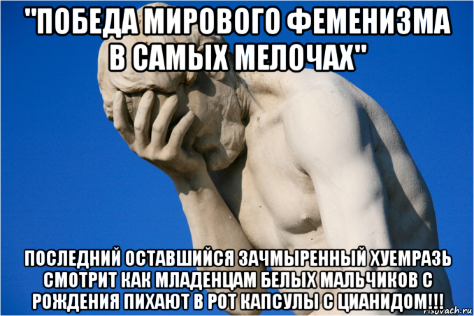 "победа мирового феменизма в самых мелочах" последний оставшийся зачмыренный хуемразь смотрит как младенцам белых мальчиков с рождения пихают в рот капсулы с цианидом!!!, Мем  Фейспалм статуя