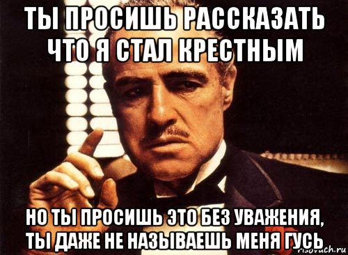 ты просишь рассказать что я стал крестным но ты просишь это без уважения, ты даже не называешь меня гусь, Мем крестный отец