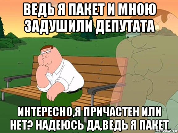 ведь я пакет и мною задушили депутата интересно,я причастен или нет? надеюсь да,ведь я пакет, Мем Задумчивый Гриффин