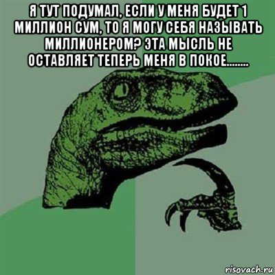 я тут подумал, если у меня будет 1 миллион сум, то я могу себя называть миллионером? эта мысль не оставляет теперь меня в покое........ , Мем Филосораптор