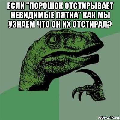 если "порошок отстирывает невидимые пятна" как мы узнаем что он их отстирал? , Мем Филосораптор