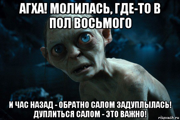 агха! молилась, где-то в пол восьмого и час назад - обратно салом задуплылась! дуплиться салом - это важно!, Мем     Горлум удивлен