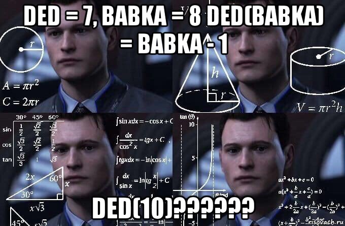 ded = 7, babka = 8 ded(babka) = babka - 1 ded(10)??????, Мем  Коннор задумался