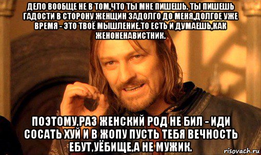 дело вообще не в том,что ты мне пишешь. ты пишешь гадости в сторону женщин задолго до меня,долгое уже время - это твоё мышление.то есть и думаешь,как женоненавистник. поэтому,раз женский род не бил - иди сосать хуй и в жопу пусть тебя вечность ебут,уёбище,а не мужик., Мем Нельзя просто так взять и (Боромир мем)