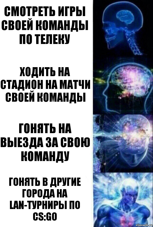 Смотреть игры своей команды по телеку Ходить на стадион на матчи своей команды Гонять на выезда за свою команду Гонять в другие города на LAN-турниры по CS:GO, Комикс  Сверхразум