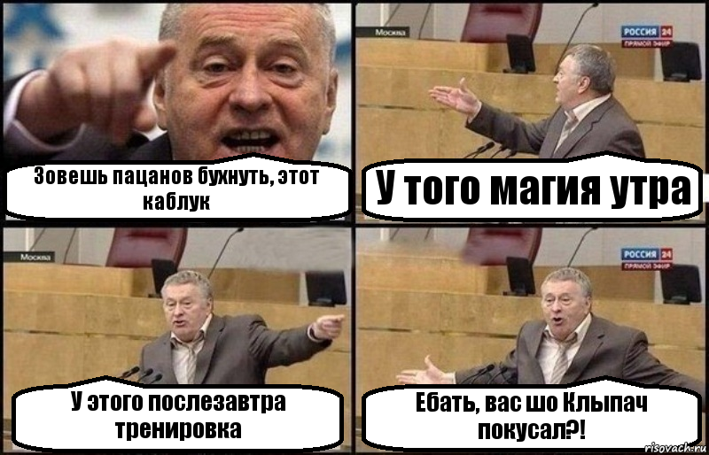 Зовешь пацанов бухнуть, этот каблук У того магия утра У этого послезавтра тренировка Ебать, вас шо Клыпач покусал?!, Комикс Жириновский