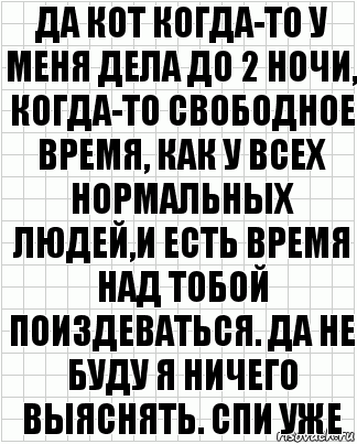 да кот когда-то у меня дела до 2 ночи, когда-то свободное время, как у всех нормальных людей,и есть время над тобой поиздеваться. да не буду я ничего выяснять. спи уже, Комикс  бумага