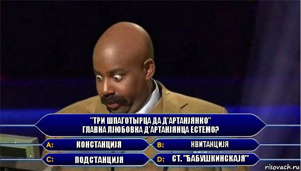 "Три Шпаготырца да Д'артанjянко"
главна лjюбовка Д'артанjянца естемо? Констанциjя Квитанциjя Подстанциjя Ст. "Бабушкинскаjя", Комикс      Кто хочет стать миллионером