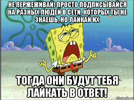 не пержеживай! просто подписывайся на разных людей в сети, которых ты не знаешь, но лайкай их тогда они будут тебя лайкать в ответ!, Мем Спанч Боб плачет