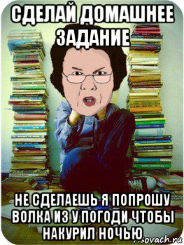 сделай домашнее задание не сделаешь я попрошу волка из у погоди чтобы накурил ночью, Мем Вчитель