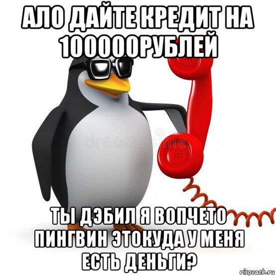 ало дайте кредит на 100000рублей ты дэбил я вопчето пингвин этокуда у меня есть деньги?, Мем  Ало