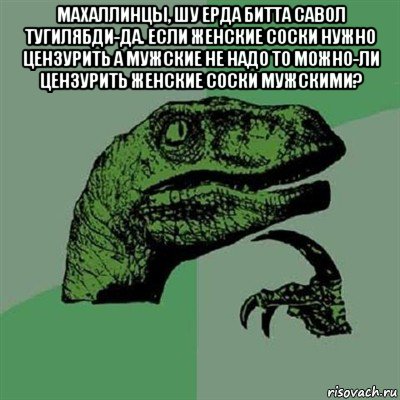 махаллинцы, шу ерда битта савол тугилябди-да. если женские соски нужно цензурить а мужские не надо то можно-ли цензурить женские соски мужскими? , Мем Филосораптор