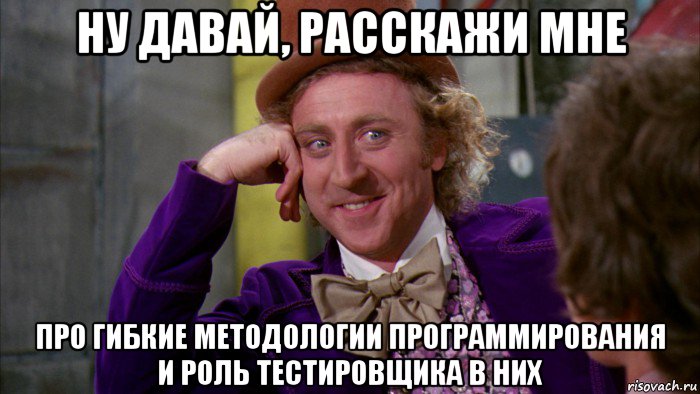 ну давай, расскажи мне про гибкие методологии программирования и роль тестировщика в них, Мем Ну давай расскажи (Вилли Вонка)