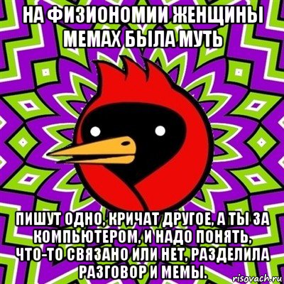 на физиономии женщины мемах была муть пишут одно, кричат другое, а ты за компьютером, и надо понять, что-то связано или нет, разделила разговор и мемы., Мем Омская птица