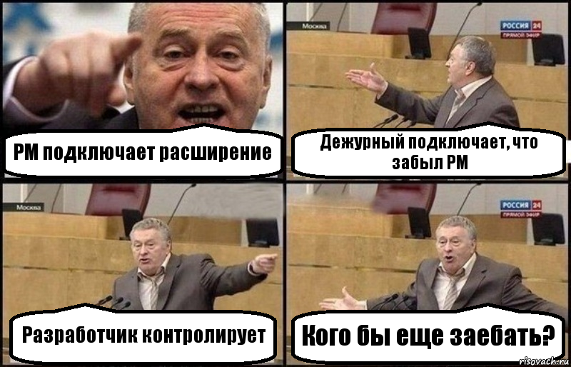 РМ подключает расширение Дежурный подключает, что забыл РМ Разработчик контролирует Кого бы еще заебать?, Комикс Жириновский