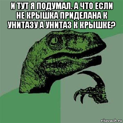 и тут я подумал. а что если не крышка приделана к унитазу а унитаз к крышке? , Мем Филосораптор