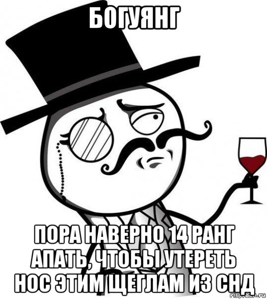 богуянг пора наверно 14 ранг апать, чтобы утереть нос этим щеглам из снд, Мем Интеллигент