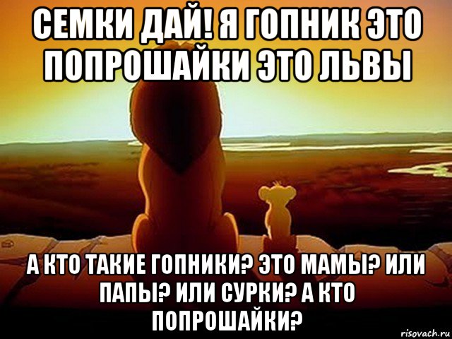 семки дай! я гопник это попрошайки это львы а кто такие гопники? это мамы? или папы? или сурки? а кто попрошайки?, Мем  король лев