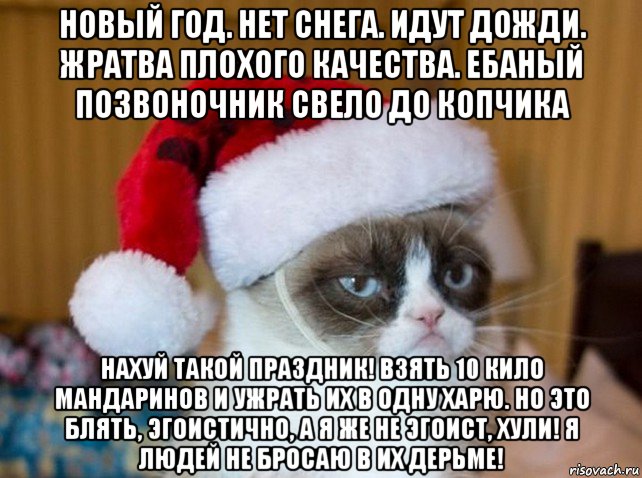 новый год. нет снега. идут дожди. жратва плохого качества. ебаный позвоночник свело до копчика нахуй такой праздник! взять 10 кило мандаринов и ужрать их в одну харю. но это блять, эгоистично, а я же не эгоист, хули! я людей не бросаю в их дерьме!