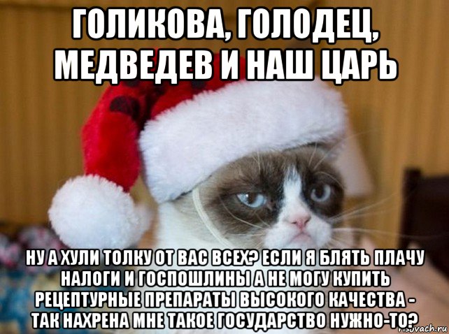 голикова, голодец, медведев и наш царь ну а хули толку от вас всех? если я блять плачу налоги и госпошлины а не могу купить рецептурные препараты высокого качества - так нахрена мне такое государство нужно-то?