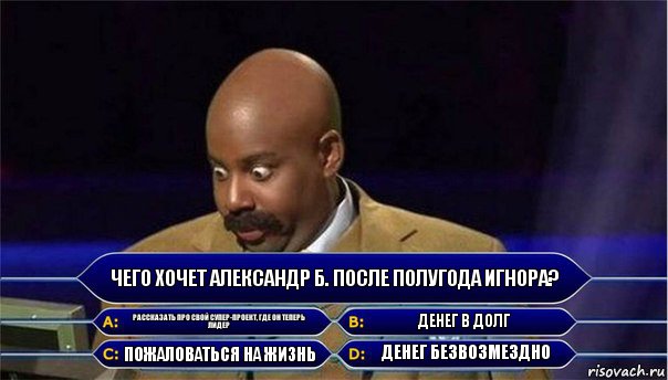 Чего хочет Александр Б. после полугода игнора? Рассказать про свой супер-проект, где он теперь лидер Денег в долг Пожаловаться на жизнь Денег безвозмездно, Комикс      Кто хочет стать миллионером