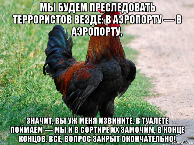 мы будем преследовать террористов везде: в аэропорту — в аэропорту, значит, вы уж меня извините, в туалете поймаем — мы и в сортире их замочим, в конце концов. всё, вопрос закрыт окончательно!, Мем петух