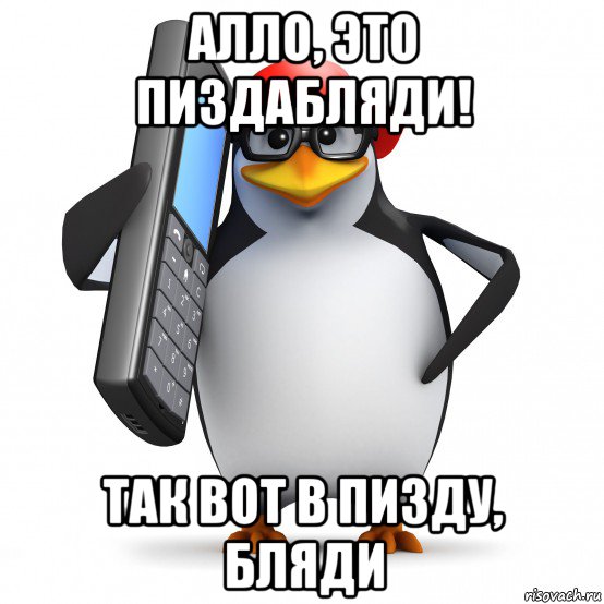 алло, это пиздабляди! так вот в пизду, бляди, Мем   Пингвин звонит