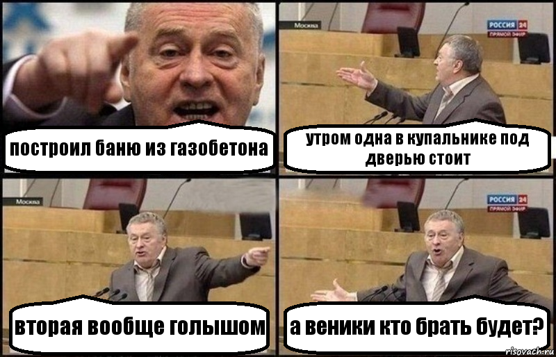 построил баню из газобетона утром одна в купальнике под дверью стоит вторая вообще голышом а веники кто брать будет?, Комикс Жириновский