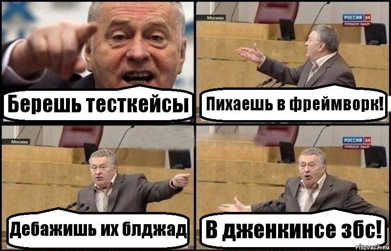 Берешь тесткейсы Пихаешь в фреймворк! Дебажишь их блджад В дженкинсе збс!, Комикс Жириновский