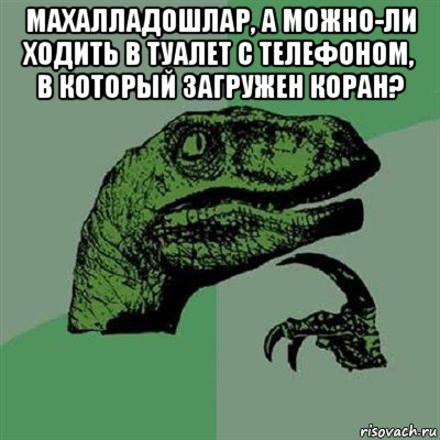 махалладошлар, а можно-ли ходить в туалет с телефоном, в который загружен коран? , Мем Филосораптор