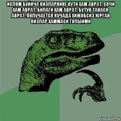 ислом буйича кизларнинг кути хам аврат, сочи хам аврат, билаги хам аврат, бутун танаси аврат. получается кучада хижобсиз юрган кизлар хаммаси голыйми , Мем Филосораптор