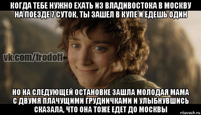 когда тебе нужно ехать из владивостока в москву на поезде 7 суток, ты зашел в купе и едешь один но на следующей остановке зашла молодая мама с двумя плачущими грудничками и улыбнувшись сказала, что она тоже едет до москвы, Мем  Фродо