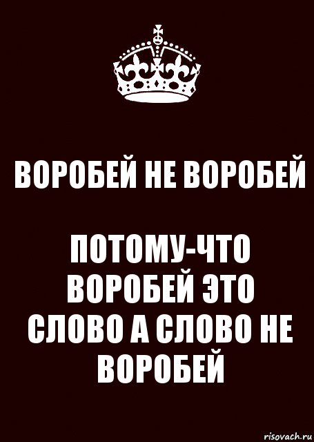 ВОРОБЕЙ НЕ ВОРОБЕЙ ПОТОМУ-ЧТО ВОРОБЕЙ ЭТО СЛОВО А СЛОВО НЕ ВОРОБЕЙ