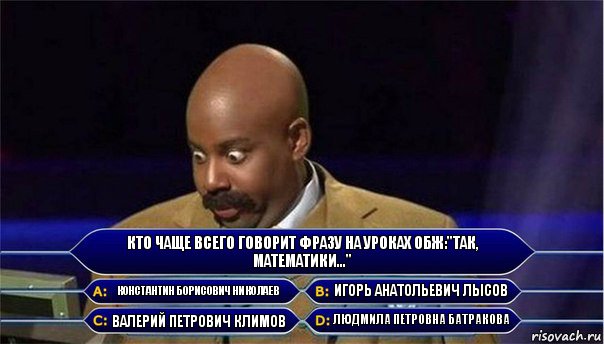 Кто чаще всего говорит фразу на уроках ОБЖ:"Так, математики..." Константин Борисович Николаев Игорь Анатольевич Лысов Валерий Петрович Климов Людмила Петровна Батракова, Комикс      Кто хочет стать миллионером