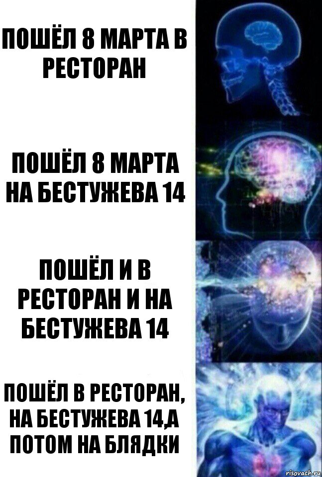 Пошёл 8 марта в ресторан Пошёл 8 марта на Бестужева 14 Пошёл и в ресторан и на Бестужева 14 Пошёл в ресторан, на Бестужева 14,а потом на блядки, Комикс  Сверхразум