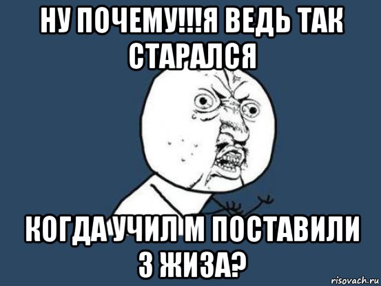 ну почему!!!я ведь так старался когда учил м поставили 3 жиза?, Мем Ну почему