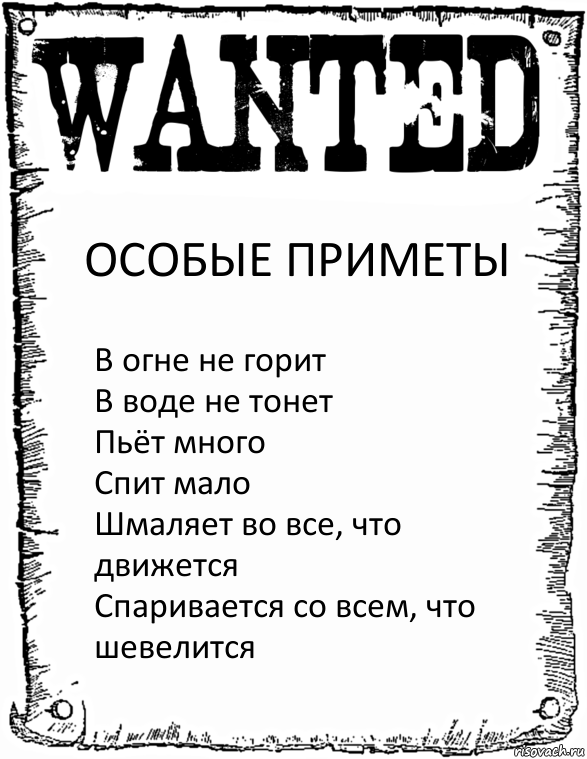 ОСОБЫЕ ПРИМЕТЫ В огне не горит
В воде не тонет
Пьёт много
Спит мало
Шмаляет во все, что движется
Спаривается со всем, что шевелится, Комикс розыск