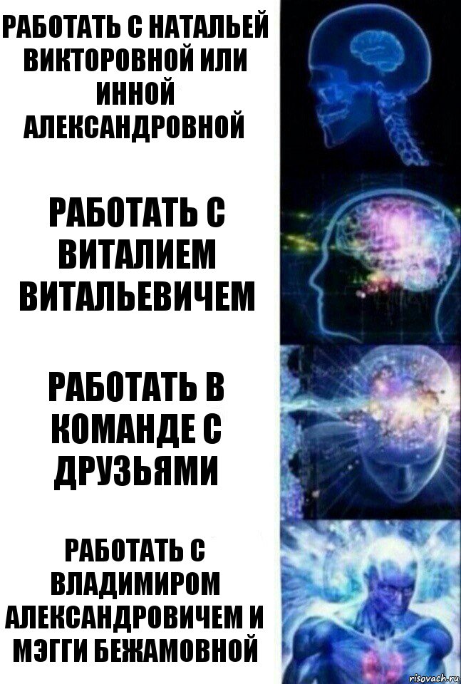 Работать с Натальей Викторовной или Инной Александровной Работать с Виталием Витальевичем Работать в команде с друзьями Работать с Владимиром Александровичем и Мэгги Бежамовной, Комикс  Сверхразум