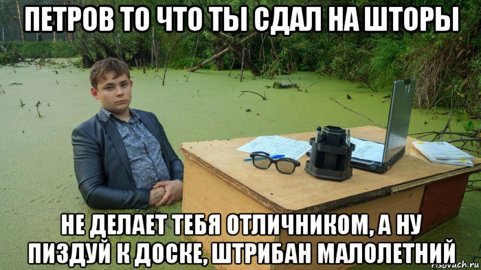 петров то что ты сдал на шторы не делает тебя отличником, а ну пиздуй к доске, штрибан малолетний, Мем  Парень сидит в болоте